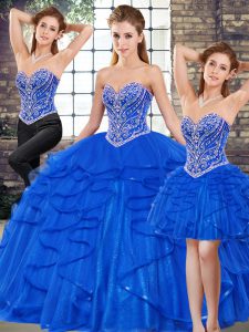 Floor Length Royal Blue Ball Gown Prom Dress Tulle Sleeveless Beading and Ruffles