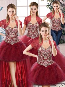 Chic Burgundy Quinceanera Gowns Military Ball and Sweet 16 and Quinceanera with Beading and Ruffles Off The Shoulder Sleeveless Lace Up