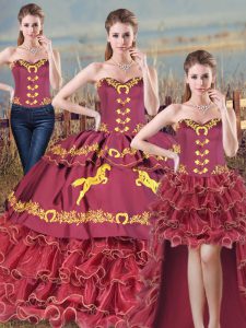 Custom Designed Satin and Organza Sweetheart Sleeveless Brush Train Lace Up Embroidery and Ruffles Sweet 16 Quinceanera Dress in Burgundy