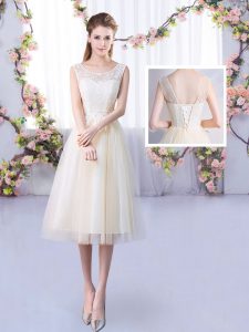 Champagne Sleeveless Tea Length Lace Lace Up Court Dresses for Sweet 16