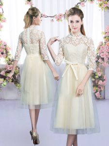 Decent Tea Length Champagne Vestidos de Damas Tulle Half Sleeves Lace and Bowknot