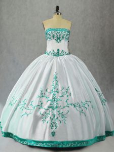 Extravagant White Ball Gowns Embroidery Sweet 16 Quinceanera Dress Lace Up Satin Sleeveless Floor Length