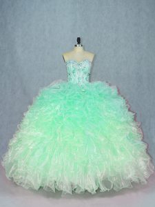 Green Ball Gowns Sweetheart Sleeveless Organza Floor Length Lace Up Beading and Ruffles Quince Ball Gowns