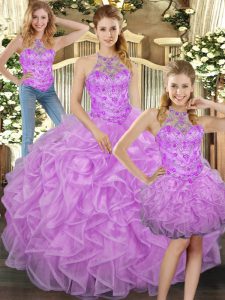Flare Lilac Halter Top Neckline Beading and Ruffles Sweet 16 Dress Sleeveless Lace Up