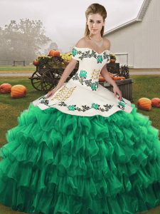 Edgy Turquoise Ball Gowns Off The Shoulder Sleeveless Organza Floor Length Lace Up Embroidery and Ruffled Layers Quinceanera Gown