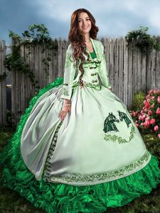 Cute Sleeveless Floor Length Embroidery and Ruffles Lace Up Quinceanera Dresses with Green