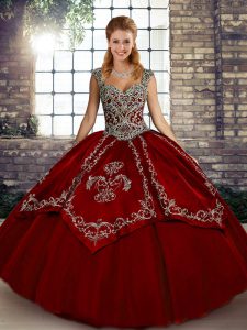 Wine Red Ball Gowns Straps Sleeveless Tulle Floor Length Lace Up Beading and Embroidery 15th Birthday Dress