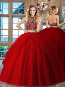 Sleeveless Tulle Floor Length Backless Ball Gown Prom Dress in Red with Beading