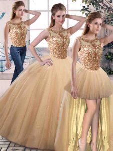 High Quality Gold Sleeveless Tulle Lace Up Quince Ball Gowns for Military Ball and Sweet 16 and Quinceanera