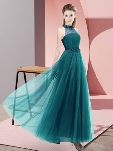 Custom Designed Teal Empire Tulle Halter Top Sleeveless Beading and Appliques Floor Length Lace Up Vestidos de Damas