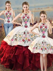 White And Red Sleeveless Embroidery and Ruffles Floor Length Quinceanera Dress