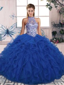 Blue Halter Top Lace Up Beading and Ruffles Quinceanera Dresses Sleeveless