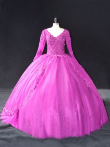 Long Sleeves Tulle Floor Length Lace Up Quince Ball Gowns in Fuchsia with Lace and Appliques