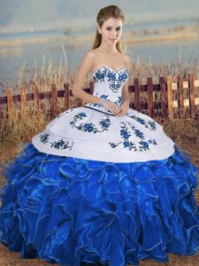 Pretty Blue And White Quinceanera Dress Military Ball and Sweet 16 and Quinceanera with Embroidery and Ruffles and Bowknot Sweetheart Sleeveless Lace Up