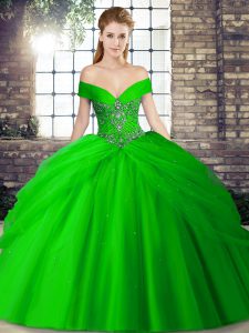 Green Sweet 16 Quinceanera Dress Tulle Brush Train Sleeveless Beading and Pick Ups