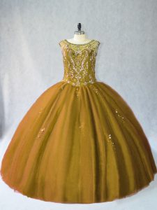 Brown Ball Gowns Beading Ball Gown Prom Dress Lace Up Tulle Sleeveless Floor Length