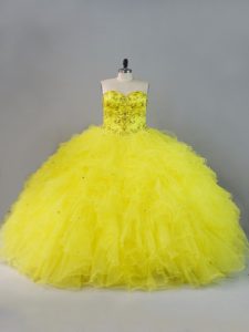 Affordable Ball Gowns 15 Quinceanera Dress Yellow Sweetheart Tulle Sleeveless Floor Length Lace Up