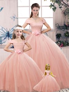 New Arrival Tulle Off The Shoulder Short Sleeves Lace Up Lace and Hand Made Flower Quinceanera Dress in Pink