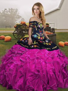Floor Length Fuchsia Quince Ball Gowns Organza Sleeveless Embroidery and Ruffles