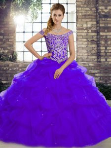 Lace Up 15 Quinceanera Dress Purple for Military Ball and Sweet 16 and Quinceanera with Beading and Pick Ups Brush Train