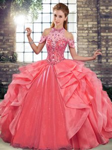 Fashion Sleeveless Floor Length Beading and Ruffles Lace Up Vestidos de Quinceanera with Watermelon Red