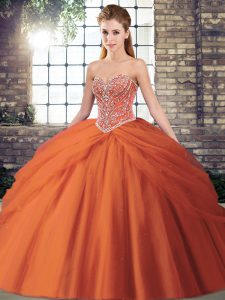 Orange Red Ball Gowns Tulle Sweetheart Sleeveless Beading and Pick Ups Lace Up Sweet 16 Dress Brush Train