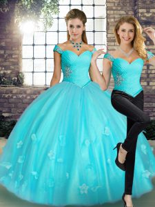 Shining Aqua Blue Tulle Lace Up Off The Shoulder Sleeveless Floor Length 15th Birthday Dress Beading and Appliques