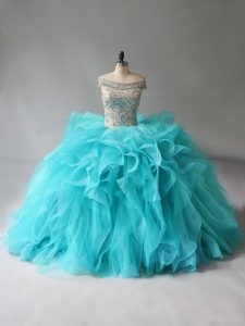 High Quality Off The Shoulder Sleeveless Organza Quinceanera Gown Beading and Ruffles Brush Train Lace Up