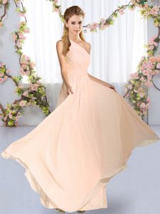 Peach Chiffon Lace Up One Shoulder Sleeveless Floor Length Court Dresses for Sweet 16 Ruching