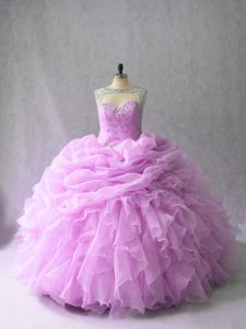 Exquisite Lilac Organza Lace Up Quinceanera Gowns Sleeveless Brush Train Beading and Ruffles