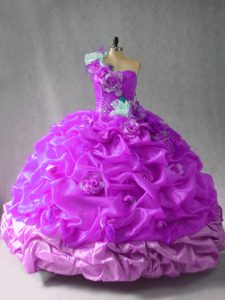 Floor Length Lace Up 15th Birthday Dress Purple for Sweet 16 and Quinceanera with Pick Ups and Hand Made Flower