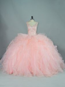 Peach Ball Gowns Ruffles Ball Gown Prom Dress Lace Up Tulle Sleeveless