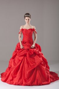 Colorful Sleeveless Ruching and Pick Ups and Hand Made Flower Lace Up Quinceanera Gown with Red Brush Train
