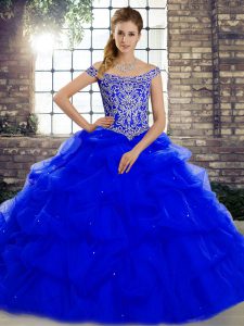 Amazing Royal Blue Lace Up Off The Shoulder Beading and Pick Ups Quinceanera Gown Tulle Sleeveless Brush Train