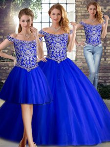 Flare Royal Blue Three Pieces Off The Shoulder Sleeveless Tulle Brush Train Lace Up Beading Vestidos de Quinceanera