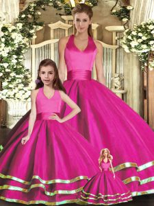 Pretty Halter Top Sleeveless Lace Up Quince Ball Gowns Fuchsia Organza