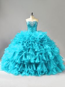 Sweetheart Sleeveless Organza 15 Quinceanera Dress Ruffles and Sequins Lace Up