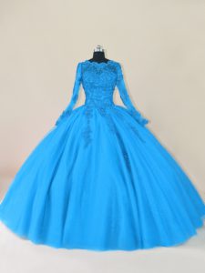 Luxurious Blue Quinceanera Gown Sweet 16 and Quinceanera with Lace and Appliques Scalloped Long Sleeves Zipper