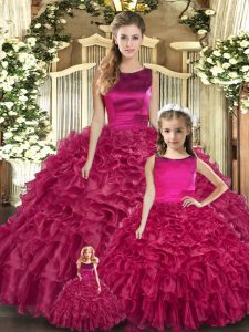 Scoop Sleeveless Ball Gown Prom Dress Floor Length Ruffles Fuchsia Organza