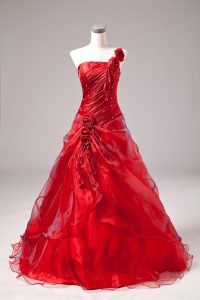 Best One Shoulder Sleeveless Quinceanera Dress Floor Length Beading Red