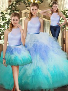 High-neck Sleeveless Tulle Quinceanera Dresses Ruffles Backless