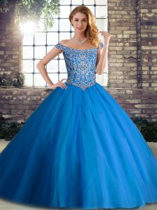 Elegant Sleeveless Beading Lace Up Ball Gown Prom Dress with Blue Brush Train