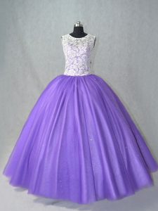 Inexpensive Lavender Sleeveless Lace Floor Length 15 Quinceanera Dress
