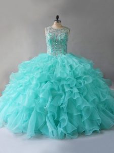Stunning Floor Length Aqua Blue Quinceanera Gowns Scoop Sleeveless Lace Up