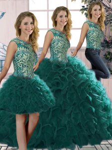 Three Pieces Quinceanera Dresses Peacock Green Scoop Organza Sleeveless Floor Length Lace Up