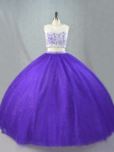 Purple Tulle Zipper Scoop Sleeveless Floor Length Quinceanera Gowns Appliques