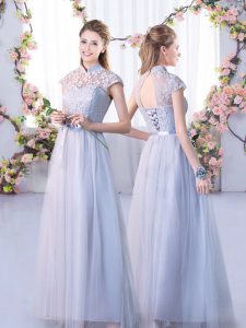 Grey Empire Lace Quinceanera Dama Dress Lace Up Tulle Cap Sleeves Floor Length