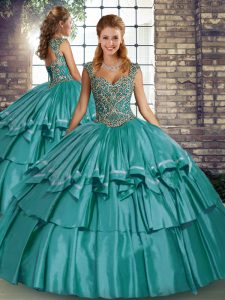 Teal Taffeta Lace Up Quinceanera Dress Sleeveless Floor Length Beading and Ruffled Layers