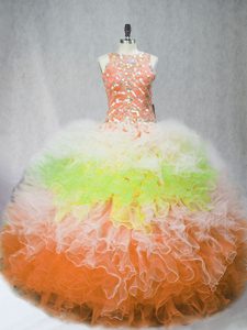 Free and Easy Scoop Sleeveless Ball Gown Prom Dress Floor Length Beading and Ruffles Multi-color Tulle