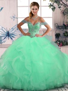Exquisite Apple Green Tulle Lace Up 15 Quinceanera Dress Sleeveless Floor Length Beading and Ruffles
